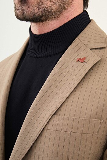 Mcr Striped Slim Fit Mono Collar Drawstring Wool Men's Suit Beige - 45415.25K