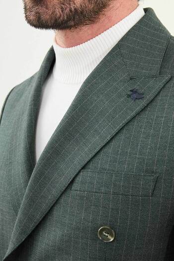 Mcr Striped Slim Fit Wide Collar Double Breasted Wool Men's Suit Khaki - 45416.25K