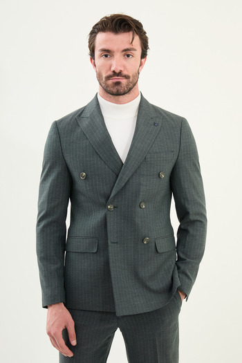 Mcr Striped Slim Fit Wide Collar Double Breasted Wool Men's Suit Khaki - 45416.25K