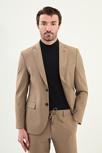 Mcr Striped Slim Fit Mono Collar Drawstring Wool Men's Suit Beige - 45415.25K