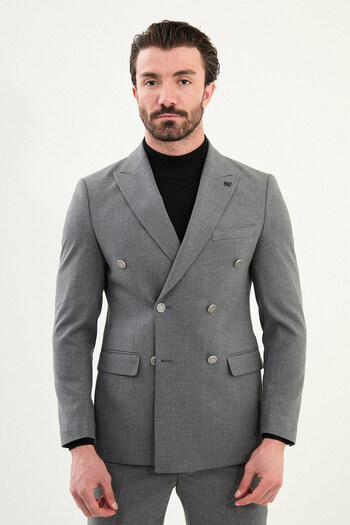 Mcr Striped Slim Fit Wide Collar Double Breasted Metal Button Men's Suit Grey - 45408.25K