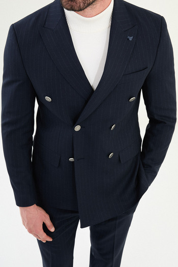 Mcr Striped Slim Fit Wide Collar Double Breasted Metal Button Men's Suit Navy Blue - 45408.25K