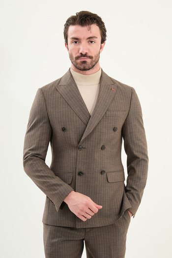 Mcr Striped Slim Fit Wide Collar Double Breasted Wool Men's Suit Coffee - 45416.25K