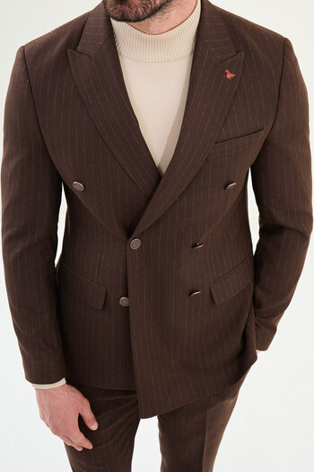 Mcr Striped Slim Fit Wide Collar Double Breasted Metal Button Men's Suit Coffee - 45408.25K