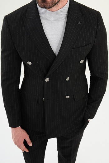 Mcr Striped Slim Fit Wide Collar Double Breasted Metal Button Men's Suit Black - 45408.25K