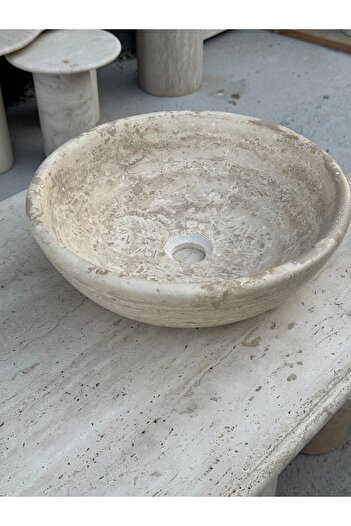 Polen Stone Traverten Doğal Taş Sanat Model Lavabo – 42 cm Çap / 13 cm Yükseklik