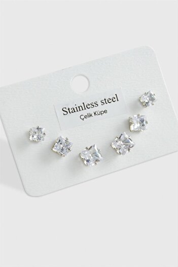 ZERO LAND Hn-Shop 6Pcs Square Zircon Single Stone Steel Earrings Small Square -Silver Color