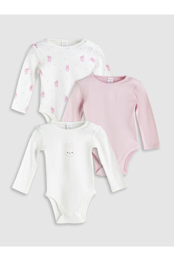 LC Waikiki Ecru Crew Neck Printed Baby Girl Snap Fastener Bodysuit, Pack of 3