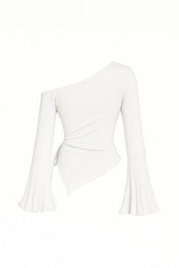 meren like your style White Long Sleeve Asymmetrical Neckline Draped Side Tie-Up Spring Fall Blouse Top