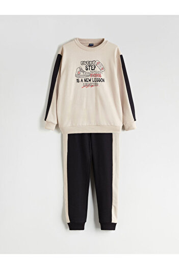 LC Waikiki Beige Crew Neck Boys Tracksuit Set