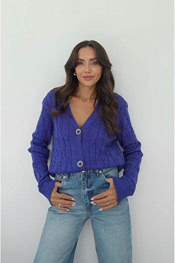Havoş Dark Blue V-Neck Buttoned Cardigan