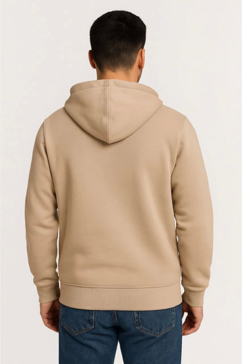 Edolika Men's Three Thread Hooded Full Zipper Kangaroo Pocket Sweatshirt Hoodie - Beige