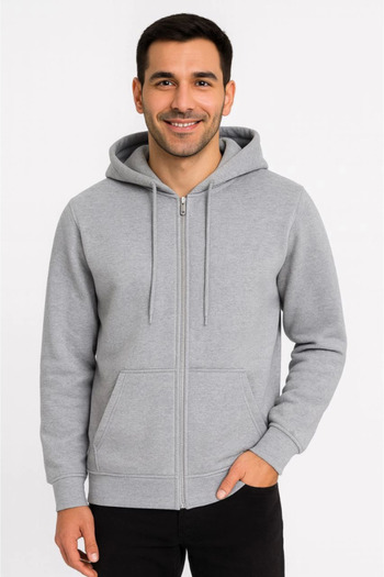 Edolika Men's Three Thread Hooded Full Zipper Kangaroo Pocket Sweatshirt Hoodie - Gray