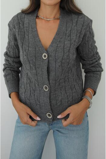 Havoş Anthracite V-Neck Buttoned Cardigan