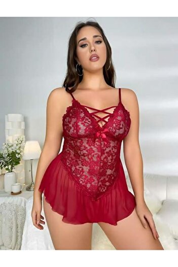 pemmagaza Plus Size Burgundy Lace Embroidered Ruffle Fancy Babydoll