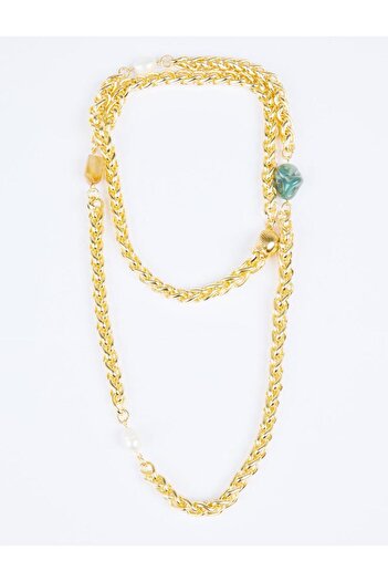 Jimmy Key Gold Color Natural Stone Detailed Adjustable Charm Necklace