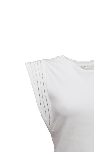 Sezgi Tekin Shoulder Stone Detail t Sleeve Ecru Tshirt