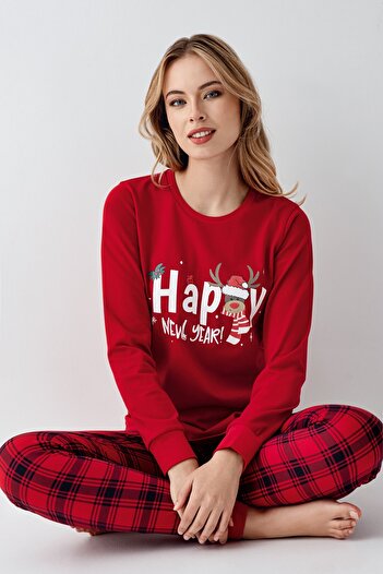 Rolypoly Kadın Kırmızı Happy New Year Yılbaşı Konseptli Aile Pijama Takımı