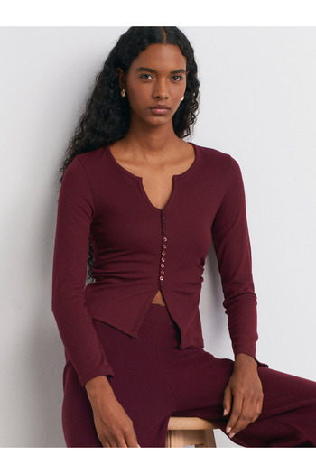 Dilvin 31548 Button Detailed Drawstring Top - Dark Burgundy