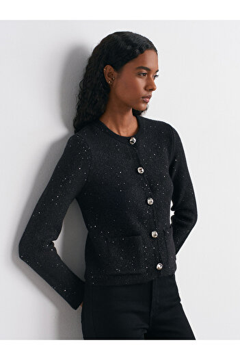 Dilvin 60935 Cardigan din tricot cu nasturi cu paiete și paiete cu decolteu crew - negru