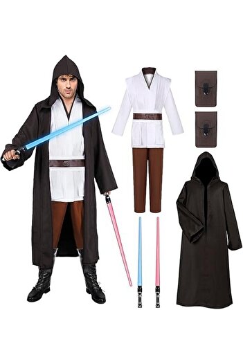 Geplaimir OBI Wan Kenobi costume with Jedi cape and accessories, brown, XL, Geplaimir