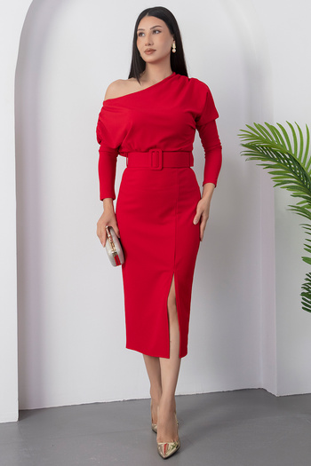 PULLIMM Crew Neck Bat Sleeve Belted Dress Ny4123