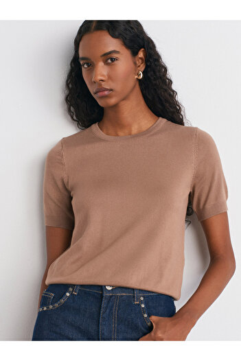 Dilvin 10779 Crew Neck Short Sleeve Basic Knitwear Blouse - Dark Mink