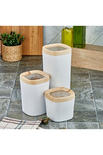 CERONNI Bonny Food Storage Container Set of 3 Wooden Veneer Lid Colored Hopper 1.8Lt - 1Lt - 600ml Light Wood
