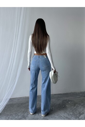 NOA LİNE Light Blue Stone Patterned Wide Leg Women's Trousers