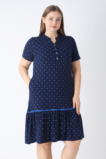 İntensive Navy Blue Polka Dot Cotton Plus Size Dress with Buttoned Pockets and Pleats
