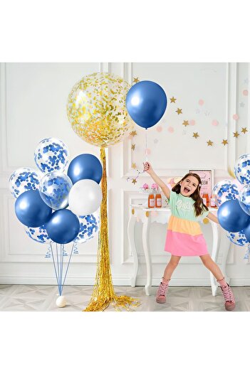 Flippy Set of 16 Metallic Latex Balloons 30 cm White, Blue, Chrome Blue, Transparent Confetti 2.8 g