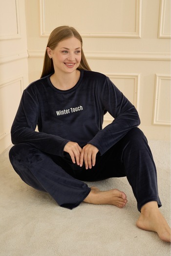 MEBA Women's Velvet Text Printed Plus Size Pajama Set