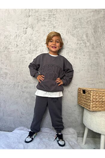 ibeeka Boy's 3-Thread Tracksuit Set with Slogan Text Detail