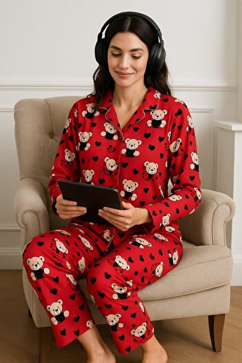 Pemilo Women's 6444 Front Buttoned Suede Long Sleeve Pajama Set Red