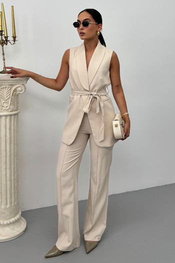 spirituel Women's Double Bottom Top Set Stylish Belted Pocket Detailed Vest Pants Set