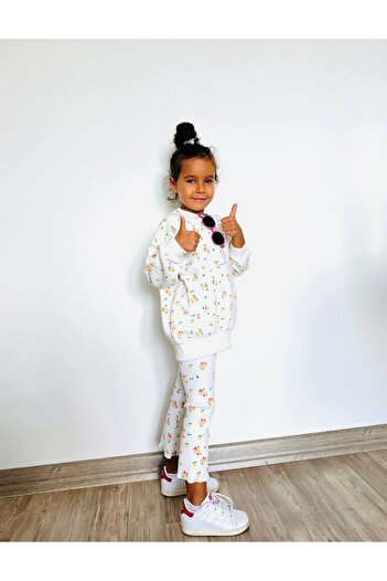 Lolliboomkids Girl's Floral - Leopard Detailed 3 Thread Bottom Top Set Sweatshirt + Leggings