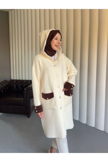 PİNK FLY Angora Hooded Cardigan with Pockets