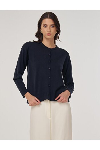 Kayra Button Detailed Shirt Collar Cardigan Navy Blue