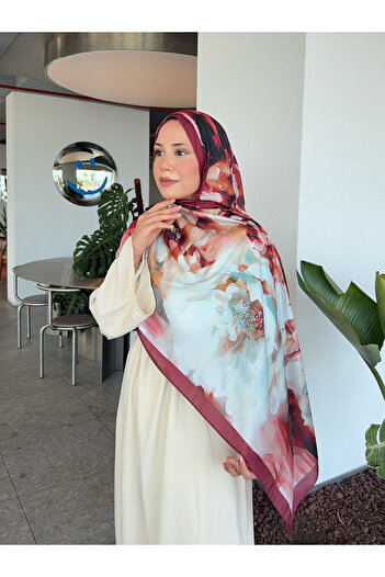 Mira İpek Patterned Cotton Soft Shawl Mena Series Burgundy Blue Ps94