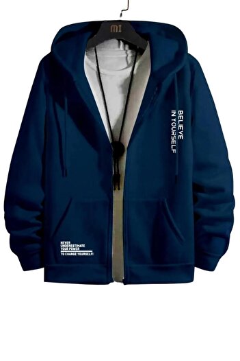 NO 601 Unisex μπλε ναυτικό μπουφάν με στάμπα με φερμουάρ, ζακέτα
