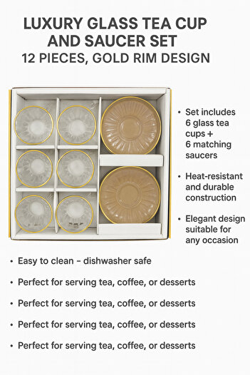 TSUMAB Luxury Glass Tea Cup and Saucer Set – 12 Pieces, Gold Rim Design