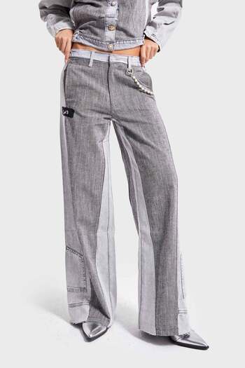 its basic Women's Gray Color Special Design Trousers with Fabric and Denim Piece Accessory Detail