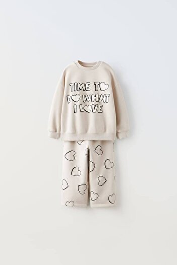 Lolliboomkids Girl's Slogan Text Detailed Sweatshirt + Leggings Top and Bottom Set