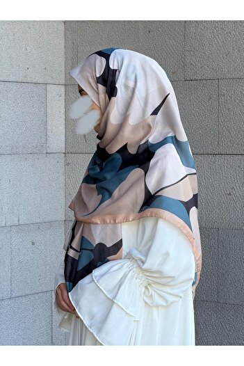 Qalortex Scarf Κασκόλ από βαμβακερό σχέδιο Vera-Πετρόλ/Μινκ