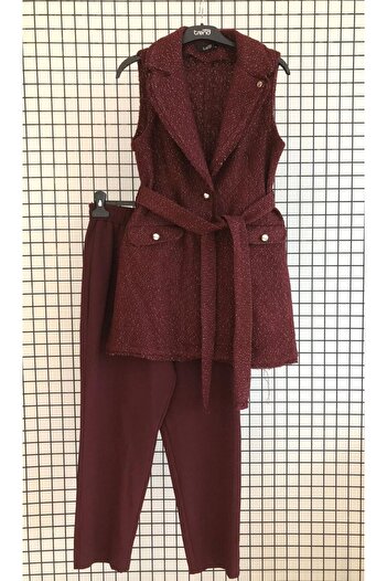 Armine Silver Buttoned Belted Trousers-Vest Set (Slim Fit) Autumn-Winter