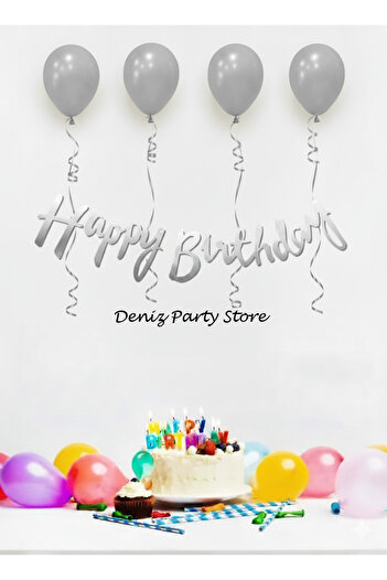 Deniz Party Store 4 Pieces Metallic Silver Balloon Happy Birthday Calligraphy Lettering Set