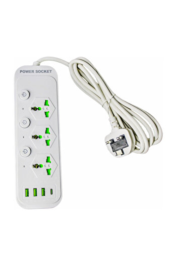 Generic Power Socket Extension with 3 Outlets & 3 USB + 1 USB-C Ports, 3M Cable,3000W Heavy-Duty Power