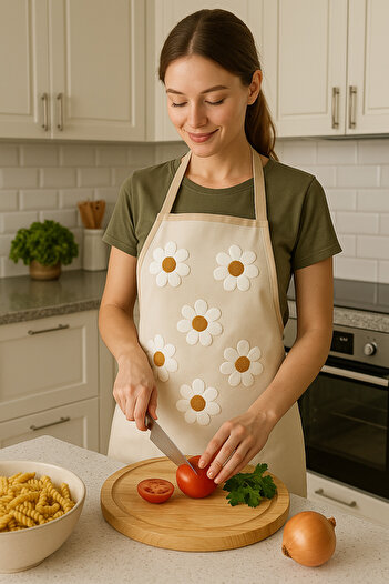 aydev home collection Daisy Patterned Punch Embroidered Kitchen Apron 50 X 70 cm