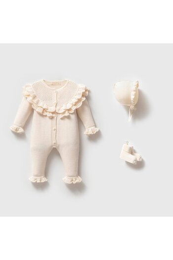 Magu Baby Girl Cotton Ecru Lace Ruffle 3-Piece Luxury Romper Set