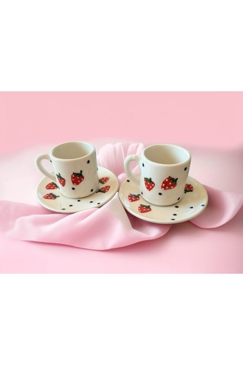 Yiğit Seramik Züccaciye Çilek Model 4-Piece Coffee Cup Set for 2 People